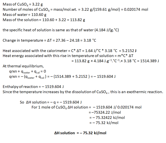 Mass of CuSO4 = 3.22 g Number of moles of CuSO4 = mass/mol.wt. = 3.22 g/(159.61 g/mol) = 0.020174 mol Mass of water = 110.60