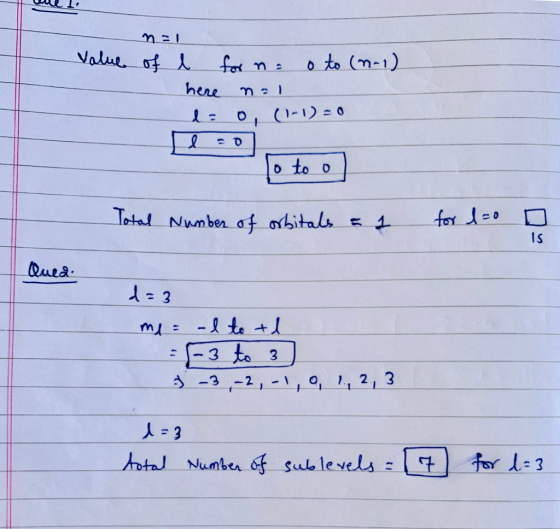 Value n =1 of l for n = o to (n-1) here nal l= 0, (1-1)=0 lo to o Total Number of orbitals al for 1-0 D Qued d=3 me = -l to t