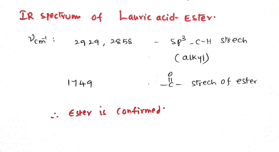 IR spectrum of Lauric acido Estev. ucm: 2929,2858 - Sp3.c-H stech Calkyl) 1749 strech of ester & Ester is confirmed.