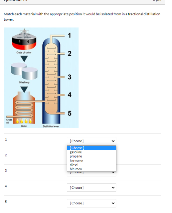 Match each material with the appropriate position it would be isolated from in a fractional distillation tower: 1 Crude oil t