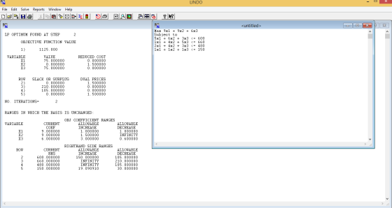 2 LINDO X File Edit Solve Reports Window Help <untitled> LP OPTIMUM FOUND AT STEP 2 OBJECTIVE FUNCTION VALUE Max 9x1 + 9x2 +
