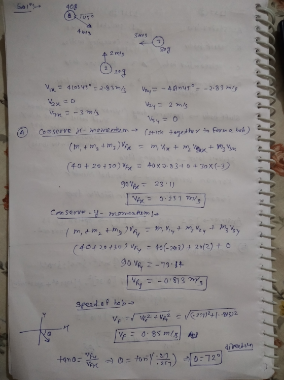 Soln 409 A 1450 4 mis 3mis 30g 4 2 mis 2 209 Vix = 4(osusº = 2.83ms zo Van = Uza =-3 m/s VAY = - 4 sinuso = -2.83 mig key= 2