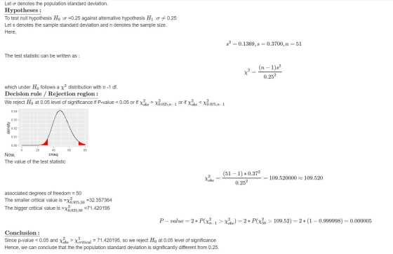 Let o denotes the population standard deviation. Hypotheses : To test null hypothesis H:0 =0.25 against alternative hypothesi