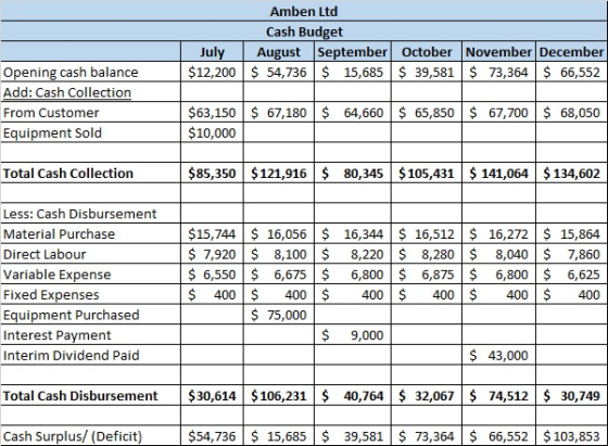 Amben Ltd Cash Budget July August September October November December $12,200 $ 54,736 $ 15,685 $ 39,581 $ 73,364 $ 66,552 Op