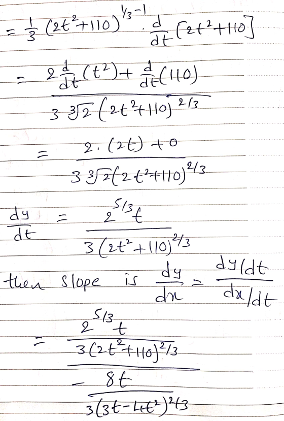 d 1/3-1 (2t+110) dt 2 - (t?)+ at (HO) 3-352 (2+² 110j 2/3 2. (26) to 3-35742+ +110) a 513 - 2 t dyldt is > daldt dy dt 3(2+=