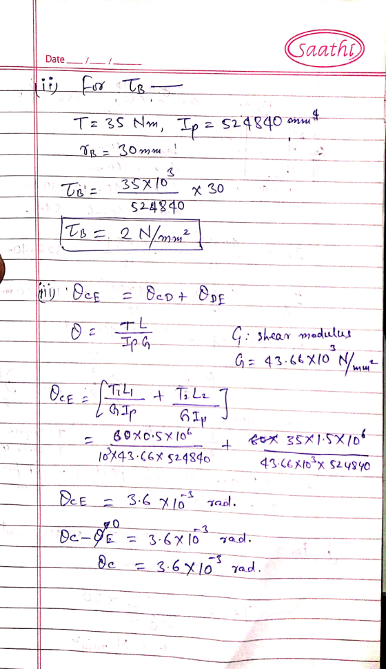 Caathi) Date II ity for TB T= 35 Nm, Ip = 524840 mmit - VB = 30mm Tés 35% 10% x 30 524840 TB =. 2 N/mm² Dep 3 OD+ Opf G: She