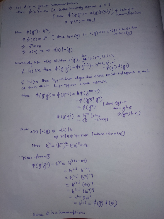 q) let φ i, a group homomor Ham homomorlohis ) stam d for order of o (g) chin vense oritnm then ae Now from