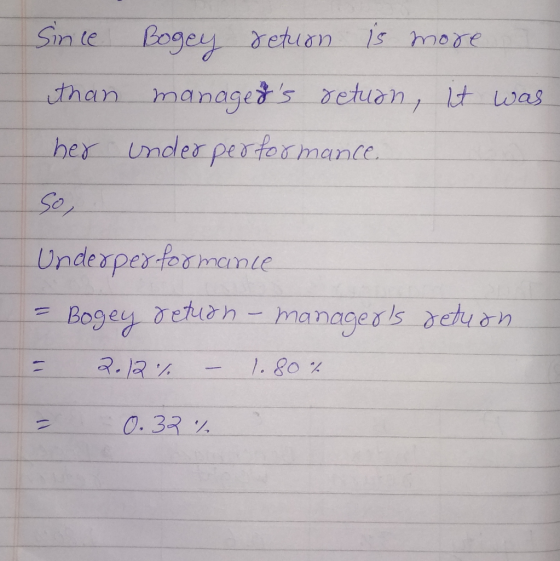 Since Bogey return is more than manageds return, it was her under performance So, Underperformance = Bogey return - manager