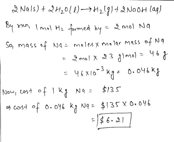 2 Ngls) + 2H2011)+H2(g) +2 NaOH lag) By sen, Imol H2 formed by = 2 mol Na So, mass of Na= molesx molar mass of Na = Imol x 23