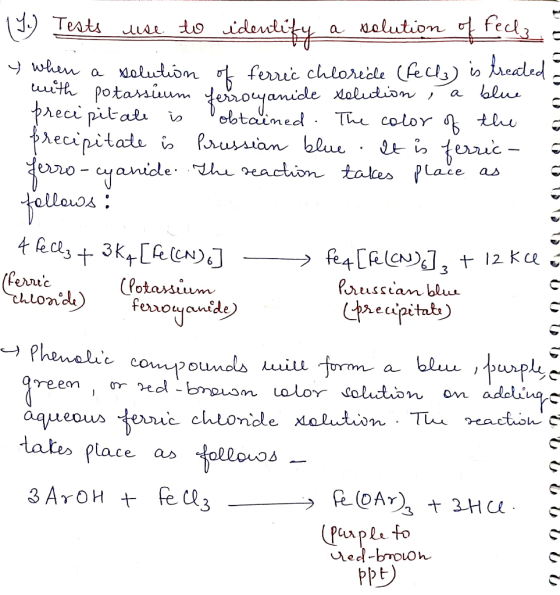 Tests a Malution fec whn ith a Molution feric chlorecle (fecls) is reated blus potarsium oyanide oluion a preci pitat phecipi