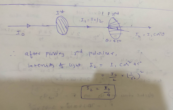 Ist xor and Ij = 10/2 I o I = I, cao 90 o=450 after passing and polariser, intensity of light IZ = I, casar Io . I I Io 2 3 4