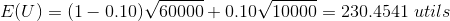 E(U)= (1 – 0.10) V60000+ 0.10V10000 = 230.4541 utils