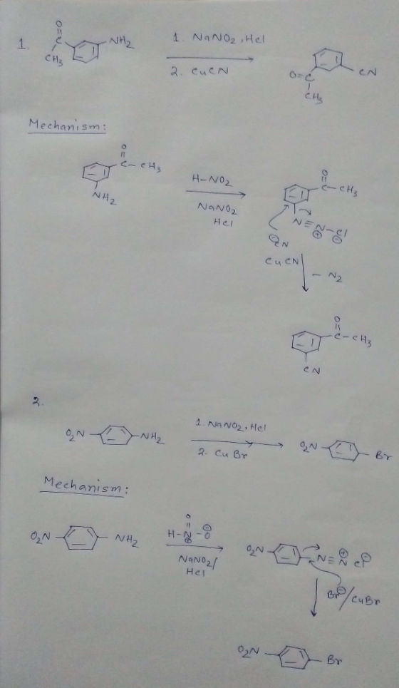 nzo 1. NaNO2 , Hel CH 2. CUEN N CH₂ Mechanism: с е н 3 H-NO2 e-CH₃ NH2 NaNO2 Hei e-CH₂ 1 ON 1. NaNO2, He! QN7NHz 2. Cu Br > O