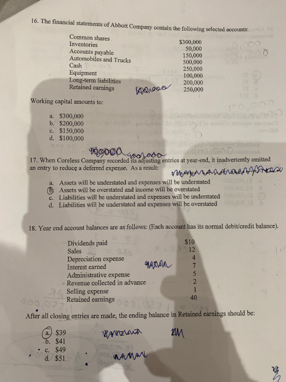 16. The financial statements of Abbott Company contain the following selected accounts: 20,0 Common shares Inventories Accoun