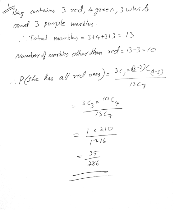 Bag contains 3 red, 4 green, white and 3 purple marbles. .: Total marbles= 3+4+3+3=13 Number of marbles other than red = 13-3
