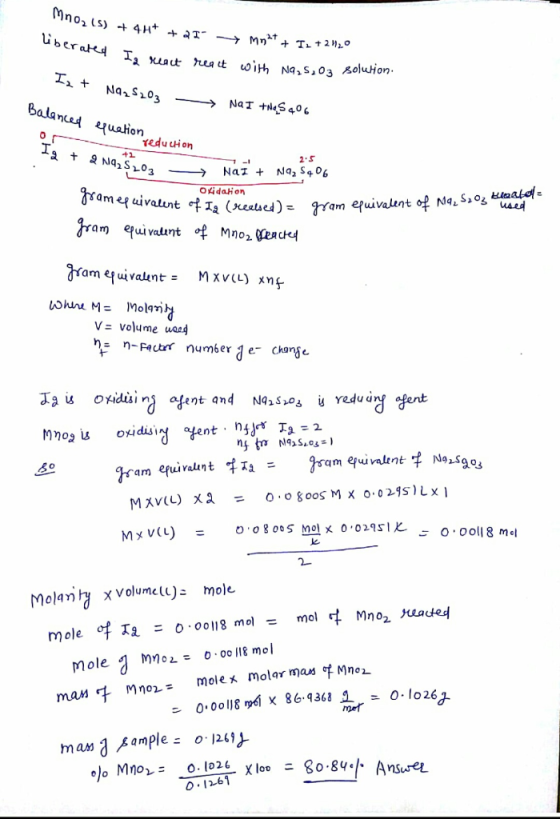 Balan ondn am equivalent -fla (xuud V= volume uong ny fu N^>S.os-> v(1) o-ogos.no1 x 0.029sle-O.ooli 8 mol = 다 Mno2 Keaded mo