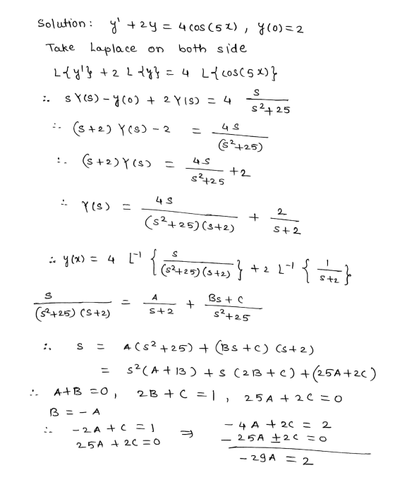 Solution: y + 2Y = 4 COS (52), y(0)=2 Take Laplace on both side L{y} +2 L {4} = 4 L{cos(5*)} : SY(s) - 460) + 2 Y15) = 4 =