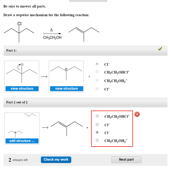 Be sure to answer all parts. Draw a stepwise mechanism for the following reaction: CH3CH2OH H,OHY Part 1: cr CH3CH2OHCI CH3CH