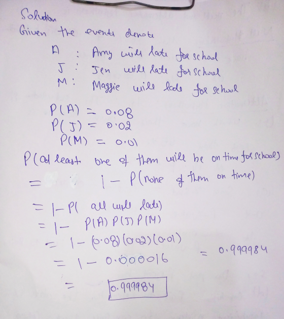 Solution A Given the eventi denote Amy will late for school Jen will late for school Maggie will lcode for school M: P(A) = 0