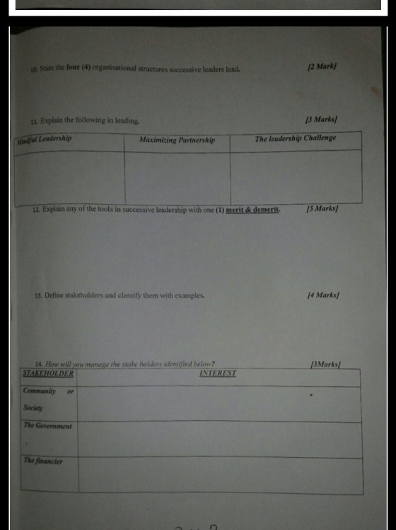 n State the four (4) organisational structures successive leaders lead. 12 Mark 11. Explain the following in leading. 13 Mark