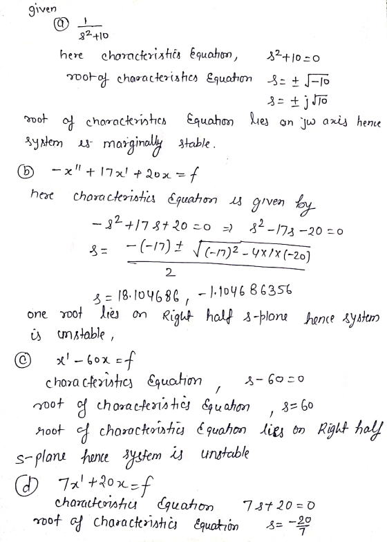 given Q here 82 +10 characteristics Equation, 8?+10=0 root of characteristics Equation $= + 1-10 3= +jJTO zoot of characteris