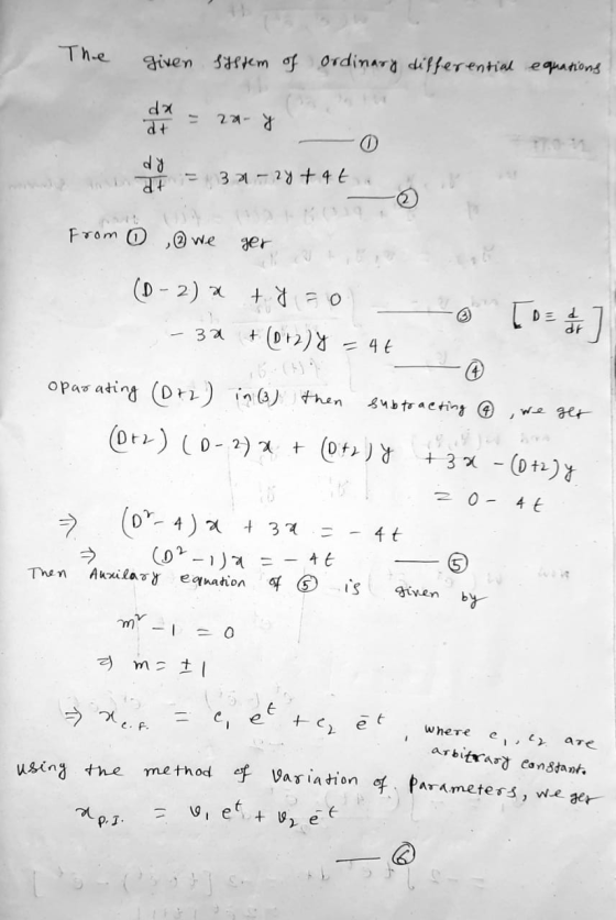 The given sistem of ordinary differential equations da at za y 0 dy at 3 n - rytat (2 from ② , we ger (D - 2) a +820 +(012) [