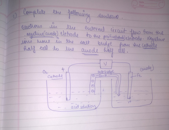 Date Page Complete the following sectorul. exectious in the external circuit flow from the negative (anode) eletrode to the p