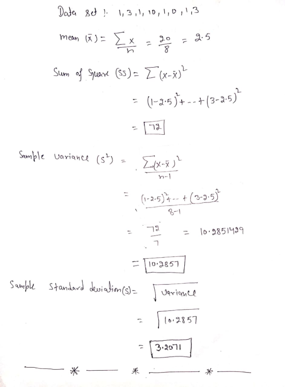 Data gd 3,1, 10, 1,D ,3 mean ()> x 2 0 Suom of Sare s)L (X-* (-2-s)(2-35) Sample Uariance (st) n-1 1-3-5) 3-5 3-1 lo 2851499