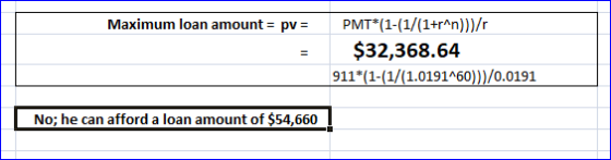 Maximum loan amount = pv = = PMT(1-(1/(1+r^n)))/ $32,368.64 911*(1-(1/(1.0191460))/0.0191 No; he can afford a loan amount of
