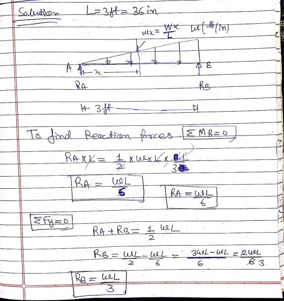 Salution L=3ff = 36in Wat web (in) MXZ B Hn RA RB It aff To find Reaction forces EM B20 1 x x x al IRA - WL RANY K= . 2 6 RA