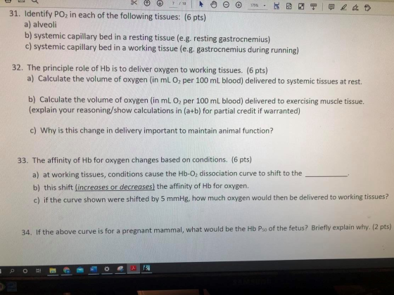 l e xo @ 7/10 o © 15% - Y 31. Identify PO2 in each of the following tissues: (6 pts) a) alveoli b) systemic capillary bed in