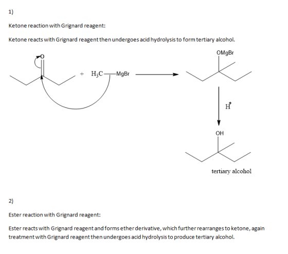 1) Ketone reaction with Grignard reagent: Ketone reacts with Grignard reagentthen undergoes acid hydrolysis to form tertiary