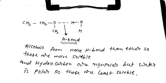ch2 Chs H-bond AIcohols form more H-bond than ether so thete are mor SO/LIE amd Hyoro Conbon cre monpola but eae is Polar So