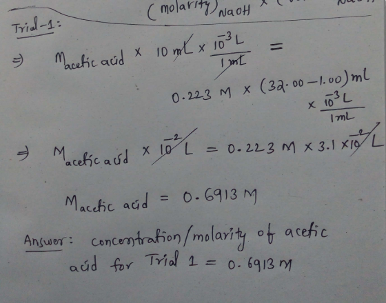 ( molarity) na oH ! JUU Macetic acid x 10 ml x 10°L = ImL 0.223 M X (32.00-1.00) ml x 103L ImL & Macetic acid x 10l = 0.223