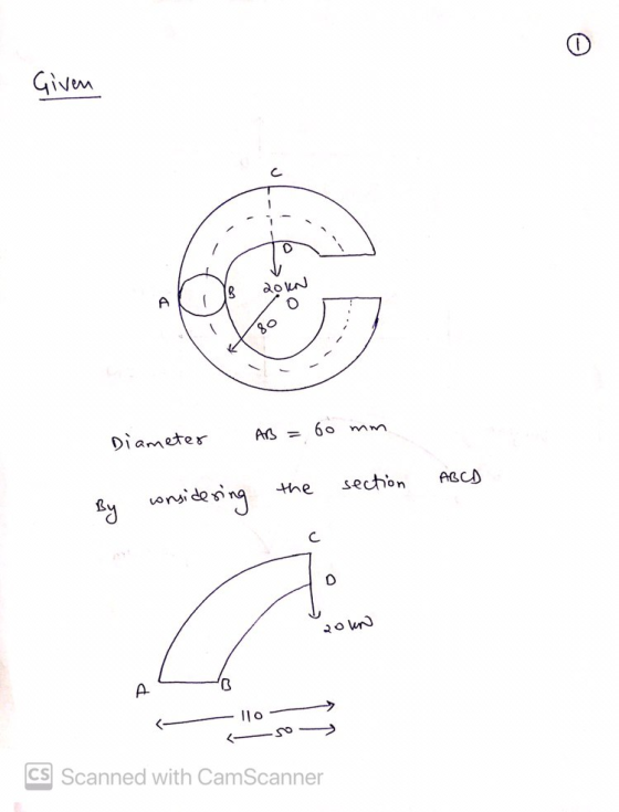 Given 20KN A 80 Diameter AB = 60 mm the section ABCD By considering C D 20 kn A 110 cs Scanned with CamScanner