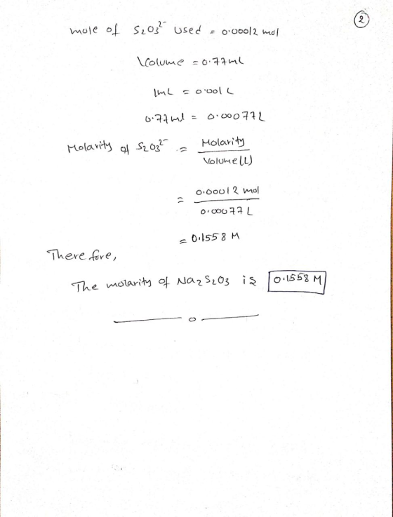 S20Used mole of o.o0o12 md olumeo 7m Molarity Molavity NolumelL) O.Ooul 2 mol 7ttoco o 0 155 8 M There fore, O1553 M The mola