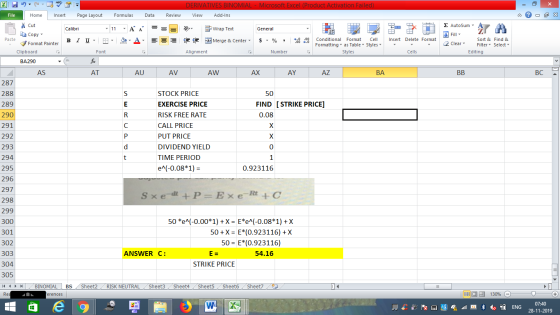DERIVATIVES BINOMIAL - Microsoft Excel (Product Activation Failed) View Add-Ins Review - 2x = = Wrap Text General E E F Merge