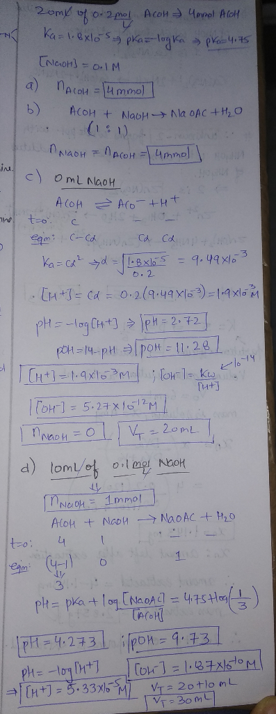 - R omy of o- 2 mol Acoll Ummol Aloh Ka=1.8xlos pka= logka pro=4.75 Encon} = 0.1M (a) MacOH = lummol b) ACOH + NagH na DAC tt