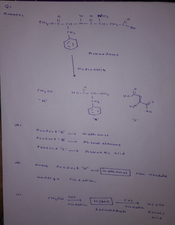 Answer: 4 O NH2 .o-c-cu- N c - c -c (42 Aspartame Hydra essis CH3OH Ho-C- CH-NH2 сна Product A methanol Prodvet Bil Phenat