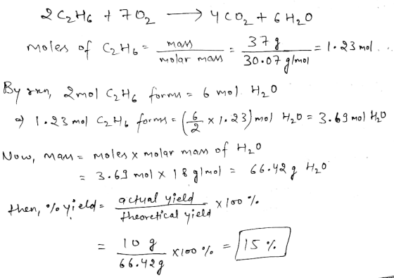 2 C₂H6 & 70 460+ 6H₂O moles of CzH6 . mars . 3 7 g mano man -1.2 mol... olar man 30.07 g/mol By son, amol C₂H6 forms = 6 mol