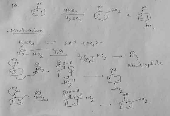 OH 10 OH OH -NO 2 HNO3 H₂SO4 2 0ے NO 2 Mechanism H₂SO4 2H+ +502- HO- No NO2 & J No NO 2 OH Electrophile NO 2 O 7 H 2 0 # 2 он