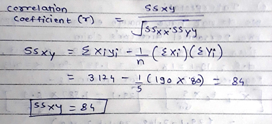 SSX9 correlation coefficient (2) Jssxssyy Ssxy = {Xiyi (Exi)(EY 3124 I (190x89) 84 5 ssxy = 84