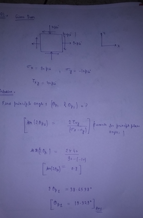 Given Data lopsi I hopsi , gopsi Tx = gopsi Ty= -lopsi exy = 4opsi Salution Find principle angles (op & Opz) = ? stan (2001)