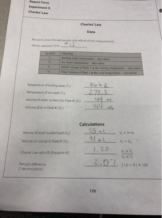 Report Form Experiment 9 Charles Law Charles Law Data Be sure to show the appropriate units with all of your measurements.
