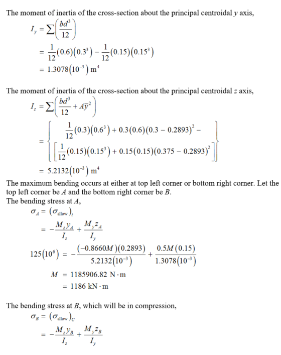 The moment of inertia of the cross-section about the principal centroidal y axis, bd 12 0.6)(03-0.15)/(0.15) 1.3078(10)m -(0.