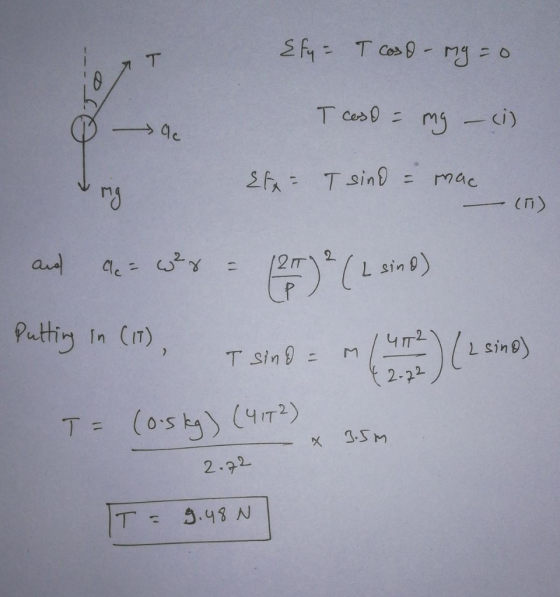 {fy = T coso - my = 0 T caso = mg - (i) Efx = T sind = mac - (I) and ac- wer = (25) ² ( L sind) Putting in (1T), T sing = m (