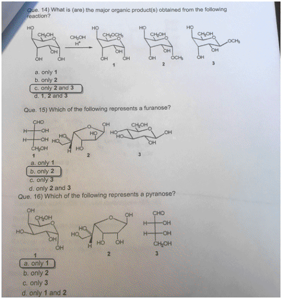Que. 14) What is (are) the major organic product(s) obtained from the following reaction? HO НО он он a. only 1 b. only 2 c.
