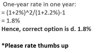 One-year rate in one year: = (1+2%)^2/(1+2.2%)-1 = 1.8% Hence, correct option is d. 1.8% *Please rate thumbs up