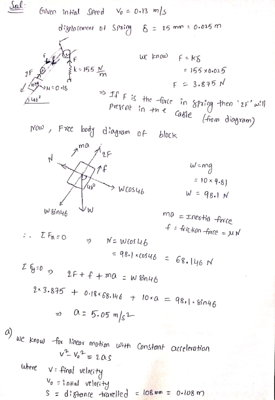 Given intial Speed Vo = 0.13 mis digplocement of Spring 8 = 25 mm = 0.025 m we know k = 155 MM 2F 6 /04 46 Fek6 1 = 155*00025