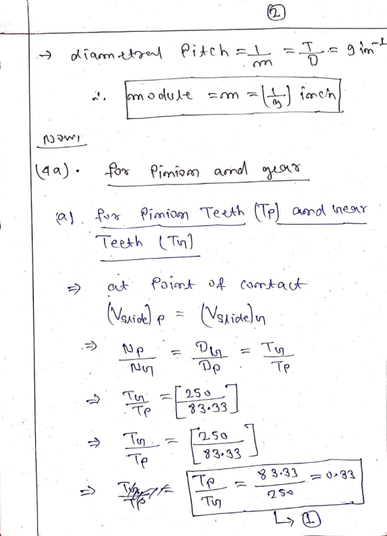(2 gint diametral Pitch al T T Tomodule =10 inch Em nomi (ga). for Pinion and gear (as for Pinion Teeth (Tp) and hear Teeth (